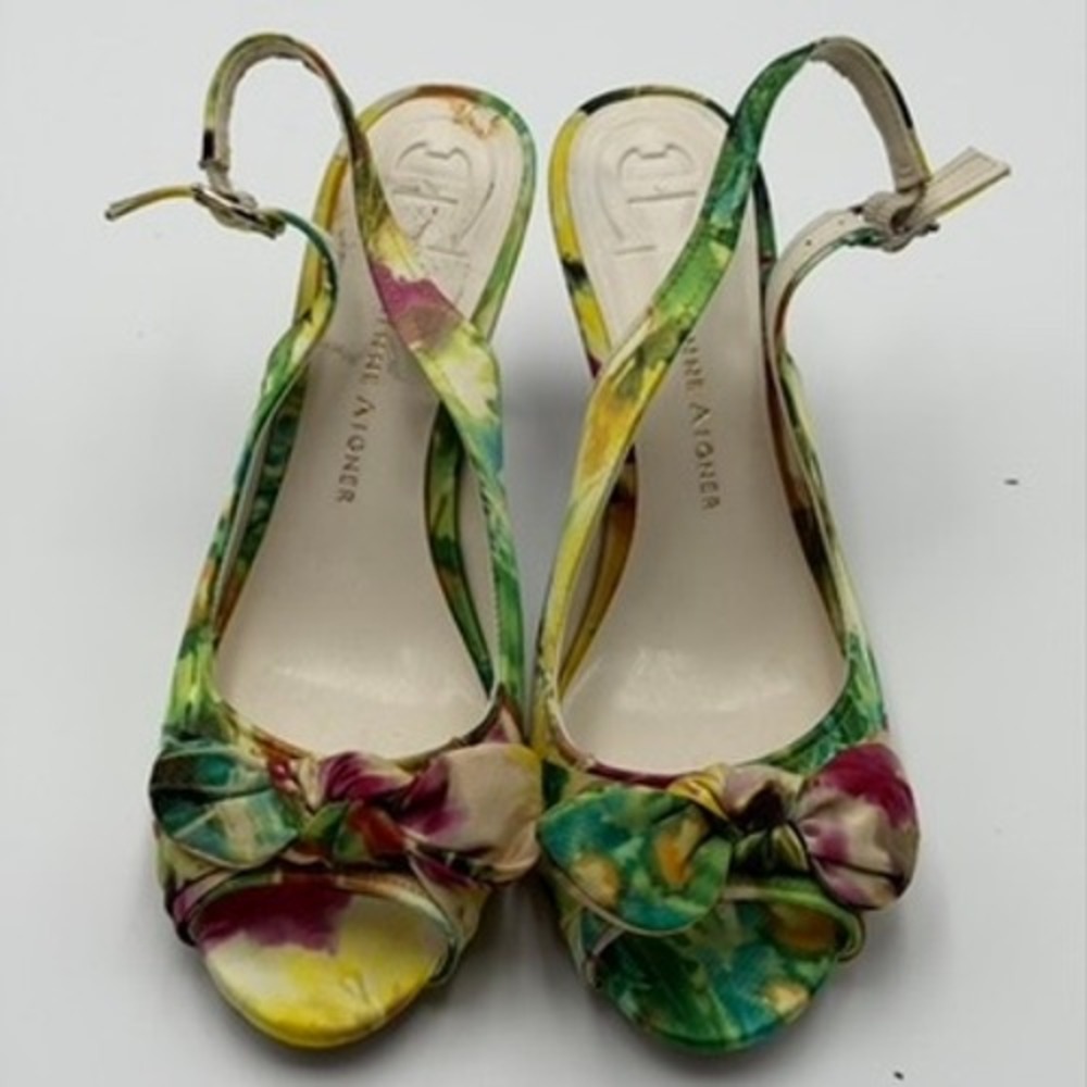 Etienne Aigner Darla Slingback Heels Womens 7.5M Floral Peep Toe Bow Good Green - Picture 7 of 7